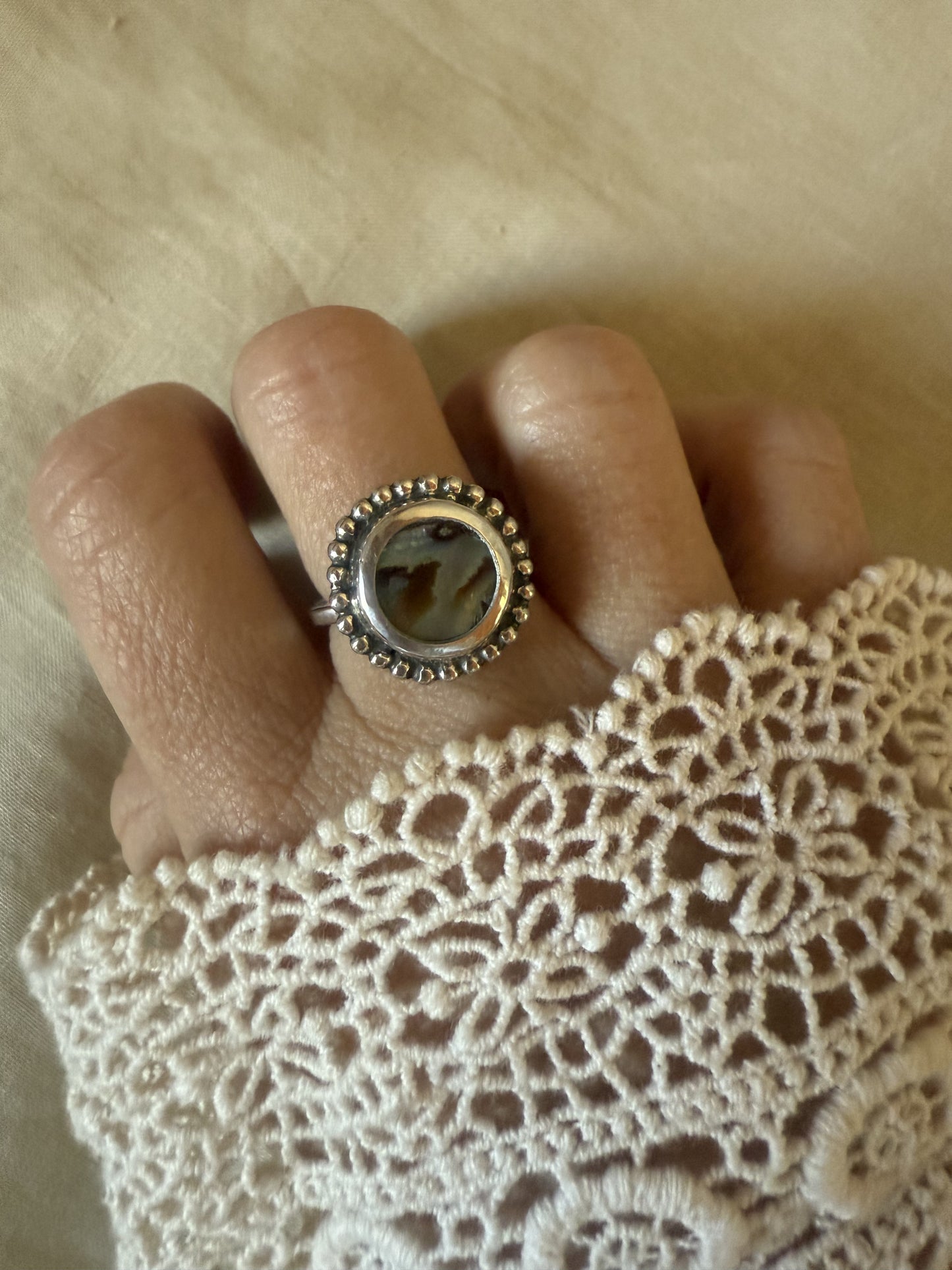 Handmade sterling silver ring with 12mm abalone stone and black patina finish, size 52.