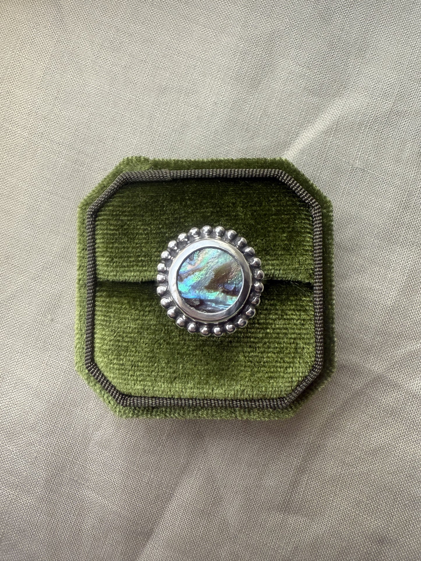 Handmade sterling silver ring with 12mm abalone stone and black patina finish, size 52