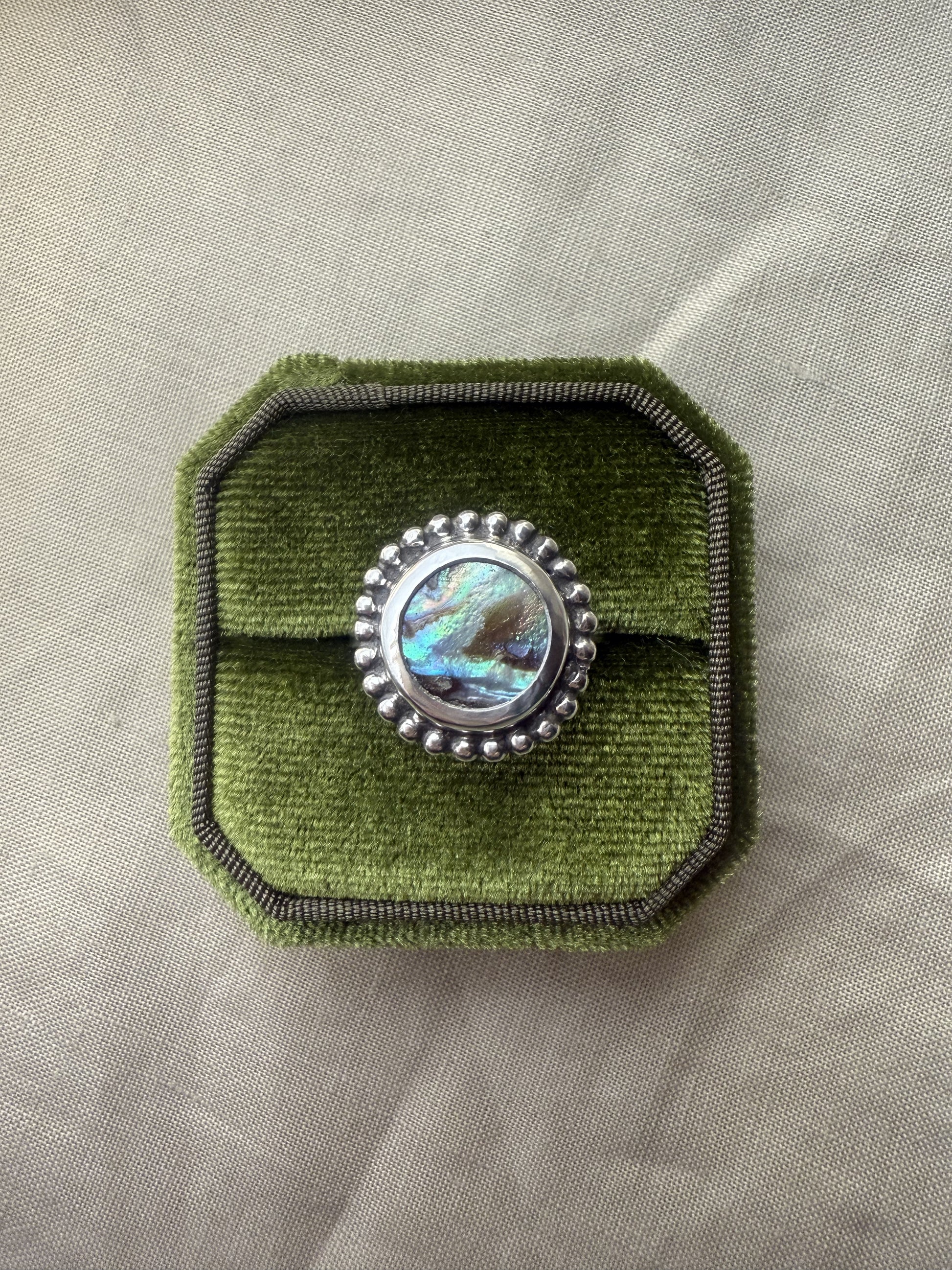 Handmade sterling silver ring with 12mm abalone stone and black patina finish, size 52