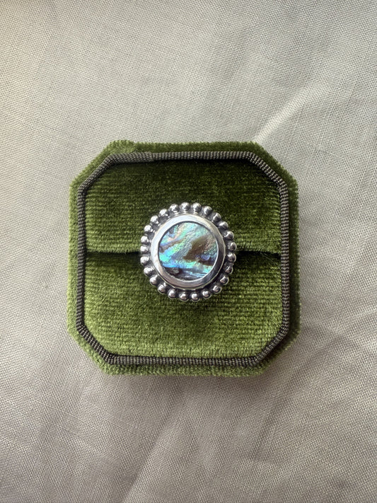 Handmade sterling silver ring with 12mm abalone stone and black patina finish, size 52